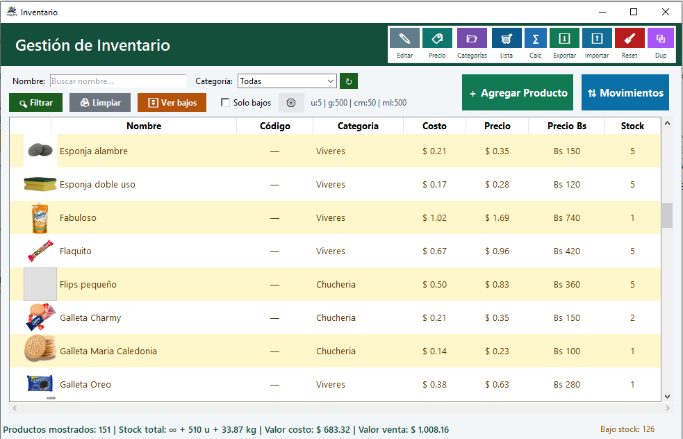 Modulo de inventario de MiCajaPOS